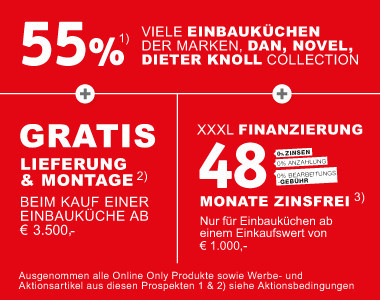 55% auf viele Einbaukuechen der Marken, DanK&uuml;chen, Novel, Dieter Knoll Collection + Gratis Lieferung und Montage +48 Monate Zinsfrei 