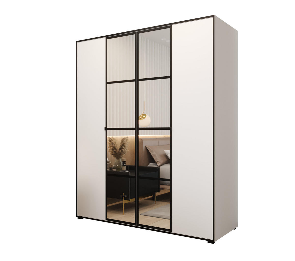 DREHTÜRENSCHRANK MODENA 180, 4-türig Kleiderschrank mit 2 Spiegel, Moderne Garderobe, Schrank in Größe: 180 x 206 x 65 cm - Schwarz/Weiß, Holzwerkstoff (180/206/65cm) - O-Sofa