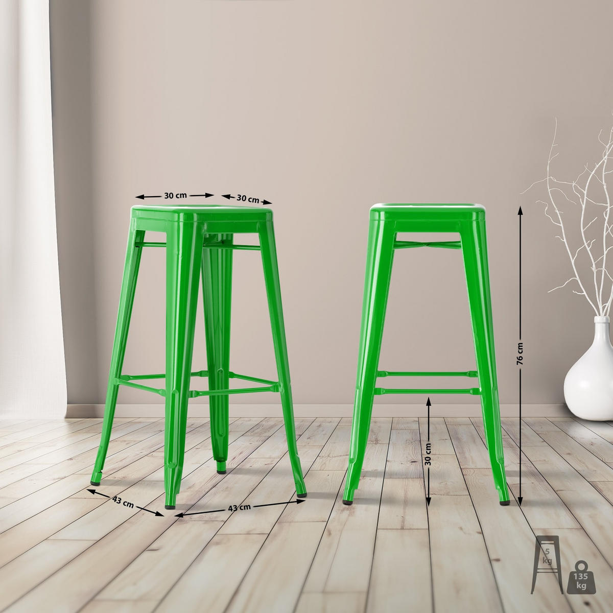 BARHOCKER Joshua 2er Set 43x43x76 cm grün - Grün, Metall (43/76/43cm) - furnicato
