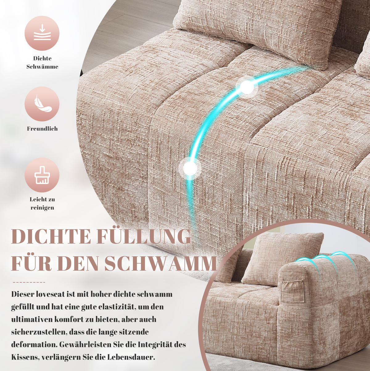 SOFA Chenille mit Chaiselongue und Seitentaschen 158/90/60 cm Sandfarben - Sandfarben, Textil (60/158/90cm) - Redom