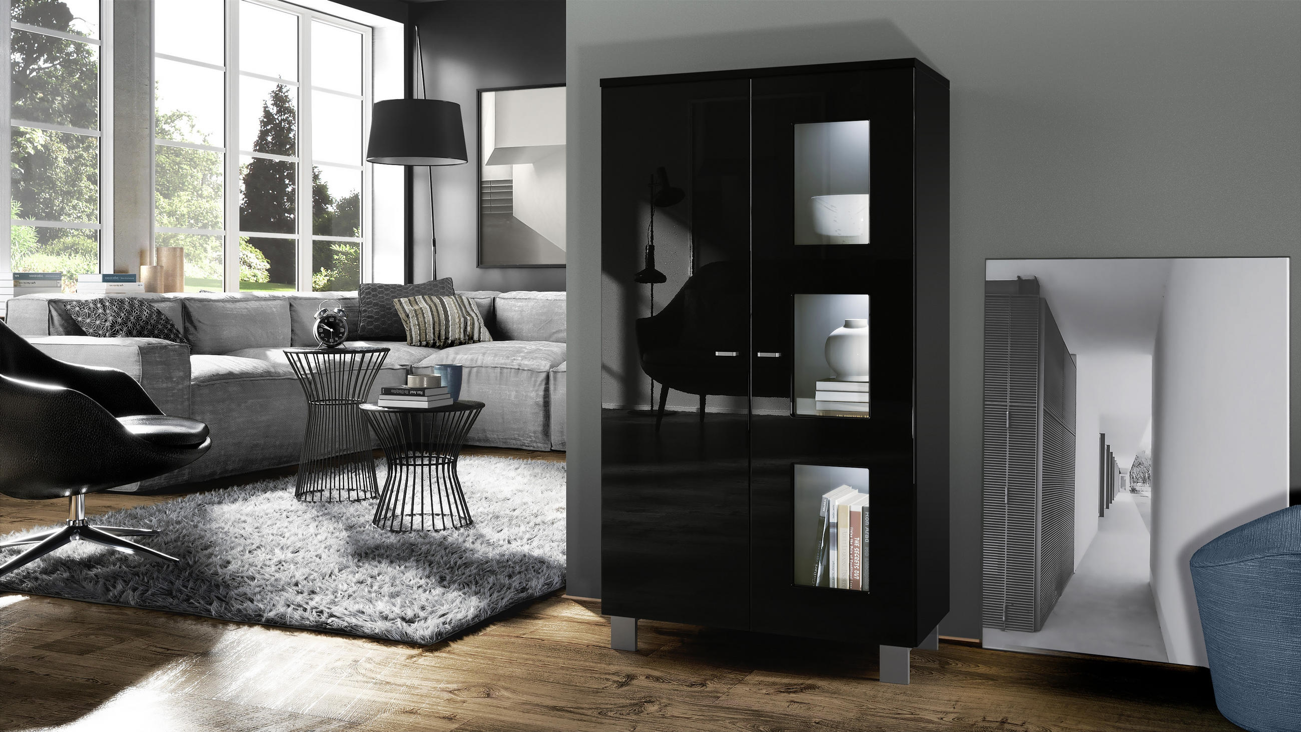 VITRINE Denjo Tür in Schwarz Hochglanz - Schwarz Hochglanz, Holzwerkstoff (71/129/35cm) - Vladon