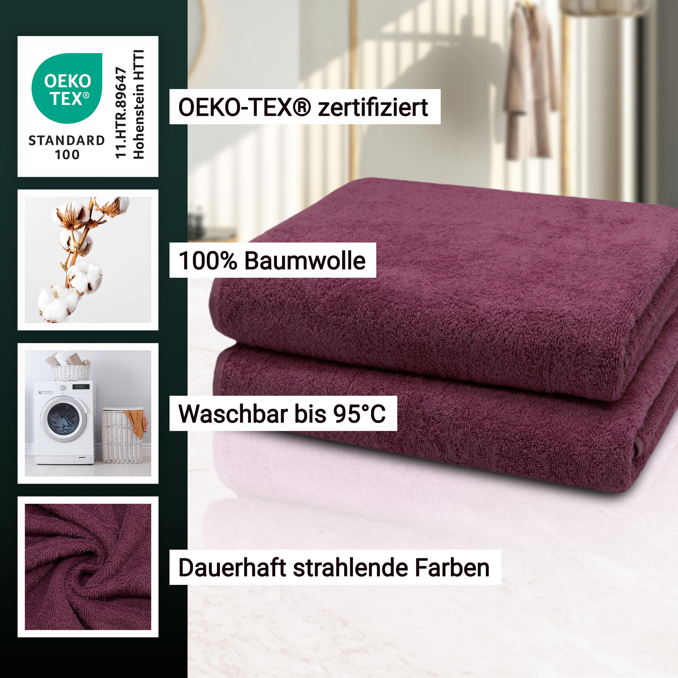 BADETUCH, 2er-Set, 100x150 cm, 100% Baumwolle, Rot - Brombeere, Textil (100/150cm) - Zollner