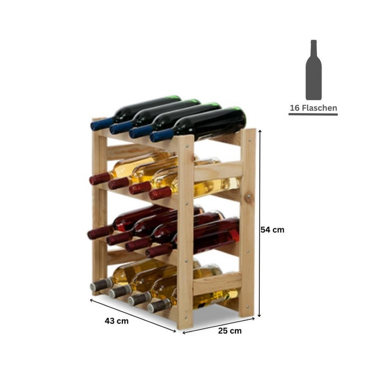 WEINREGAL Pinotwine 54x43x25 cm 16 Flaschen Massives Kiefernholz Natur Unbehandelt - Naturfarben, Holz (43/54/25cm) - PROREGAL
