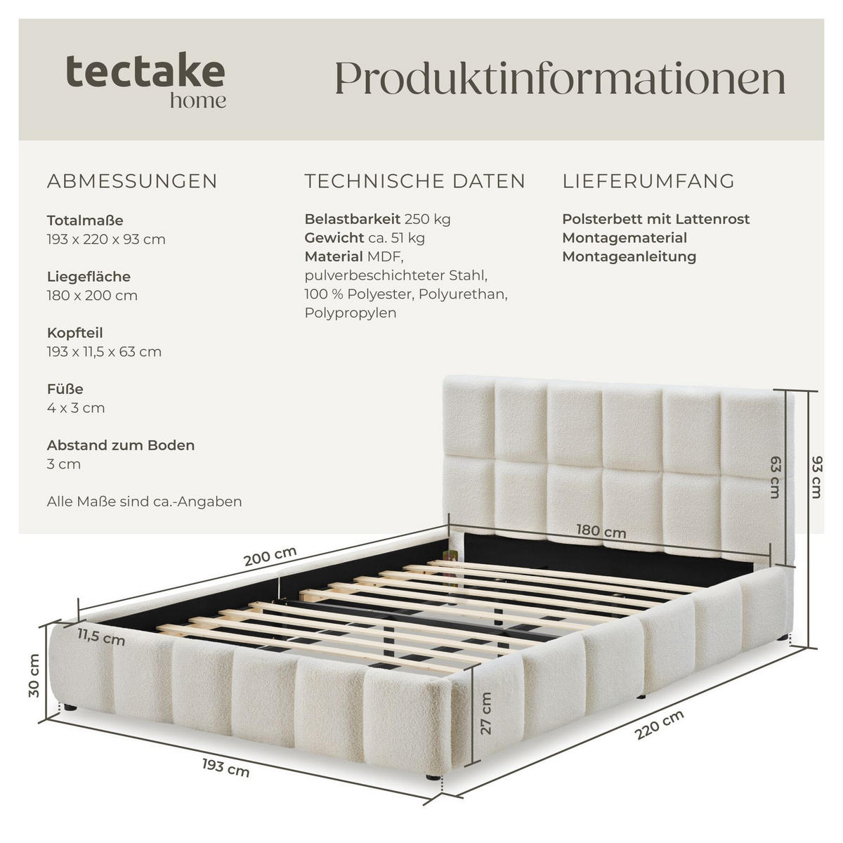 POLSTERBETT Shirley, Belastbarkeit 250 kg, Teddy creme - Creme, Holz (180/200cm) - tectake
