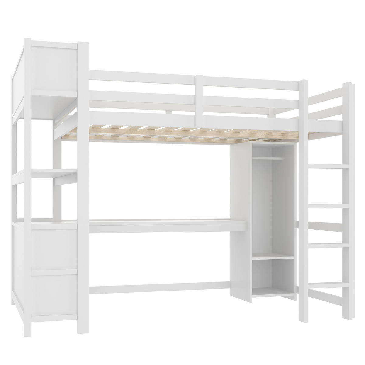 HOCHBETT aus Kiefernholz 140x200 cm Weiß mit Schreibtisch, Kleiderschrank und Regalen - Weiß, Holzwerkstoff (140/200cm) - IVMEU