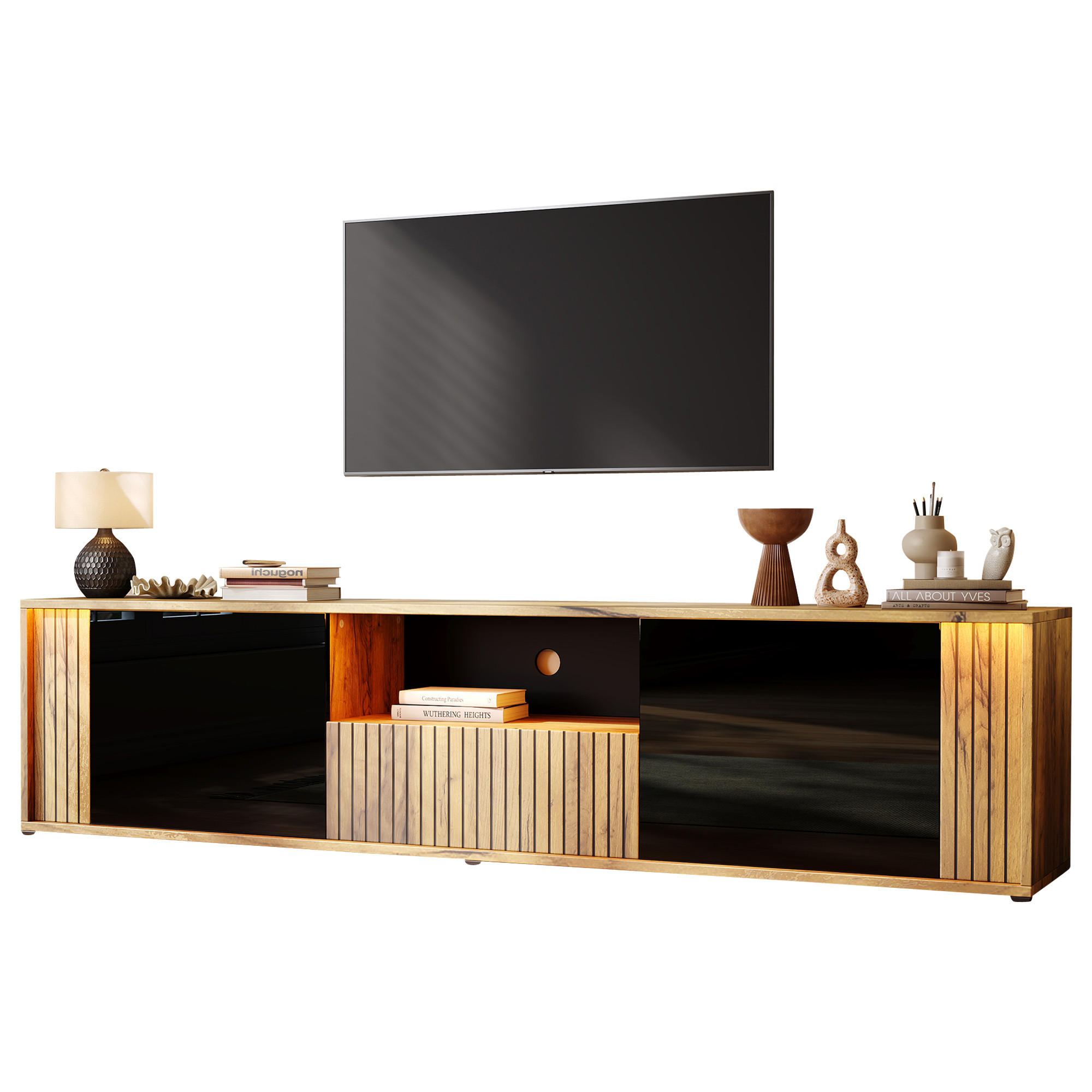 TV-LOWBOARD 180x40x51cm Schwarz Holzfarbe mit LED - Schwarz/Naturfarben, Holzwerkstoff (180/51/40cm) - FLIEKS