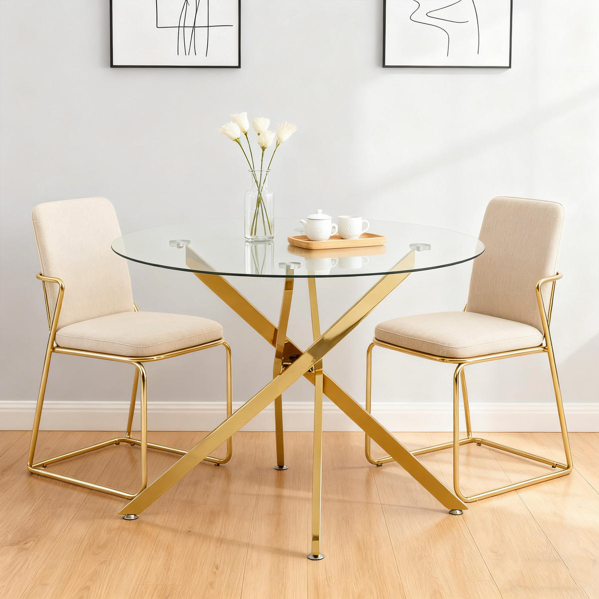 ESSTISCH 80/80/76 cm goldfarben aus Glas mit Kreuzfußgestell - Goldfarben, Metall (80/80/76cm) - OKWISH