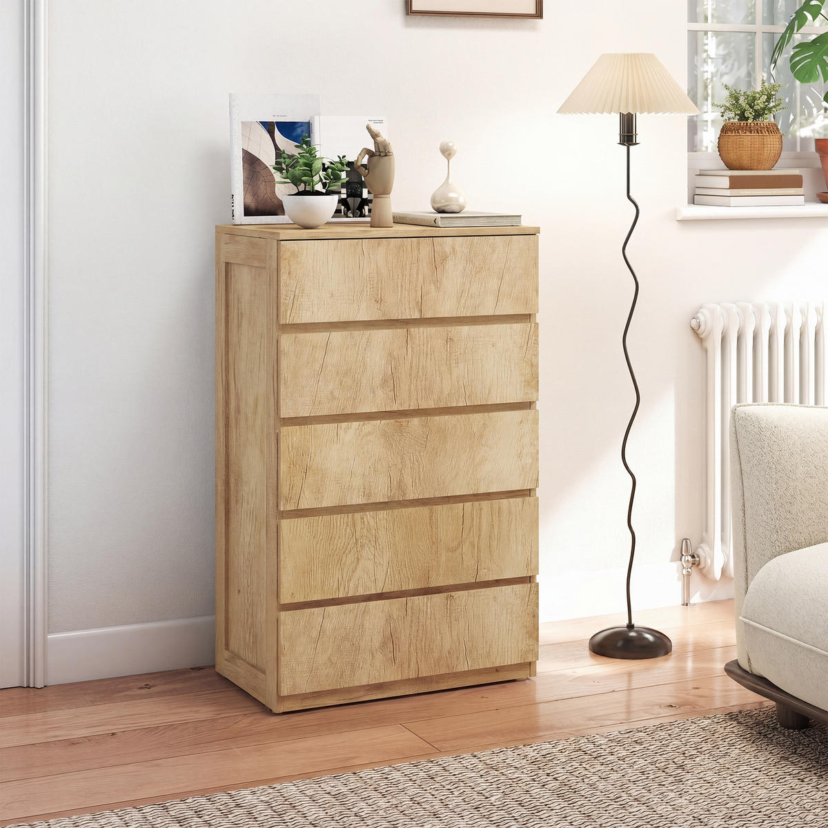 KOMOODE DE-12864 5 Schubladen, grifflos, minimalistisch Naturholz - Naturfarben, Holzwerkstoff (60/100/39cm) - ComfortXL