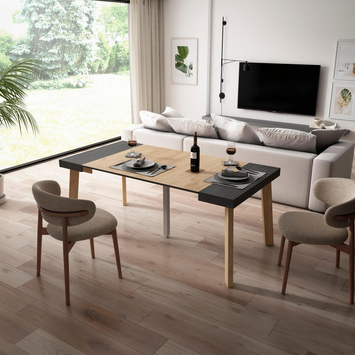 KONSOLENTISCH ausziehbar 58 bis 180cm, für 8 Gäste, schwarz eiche, 90/58/73cm - Eichefarben/Schwarz, Holzwerkstoff (90/180/73cm) - Skraut Home