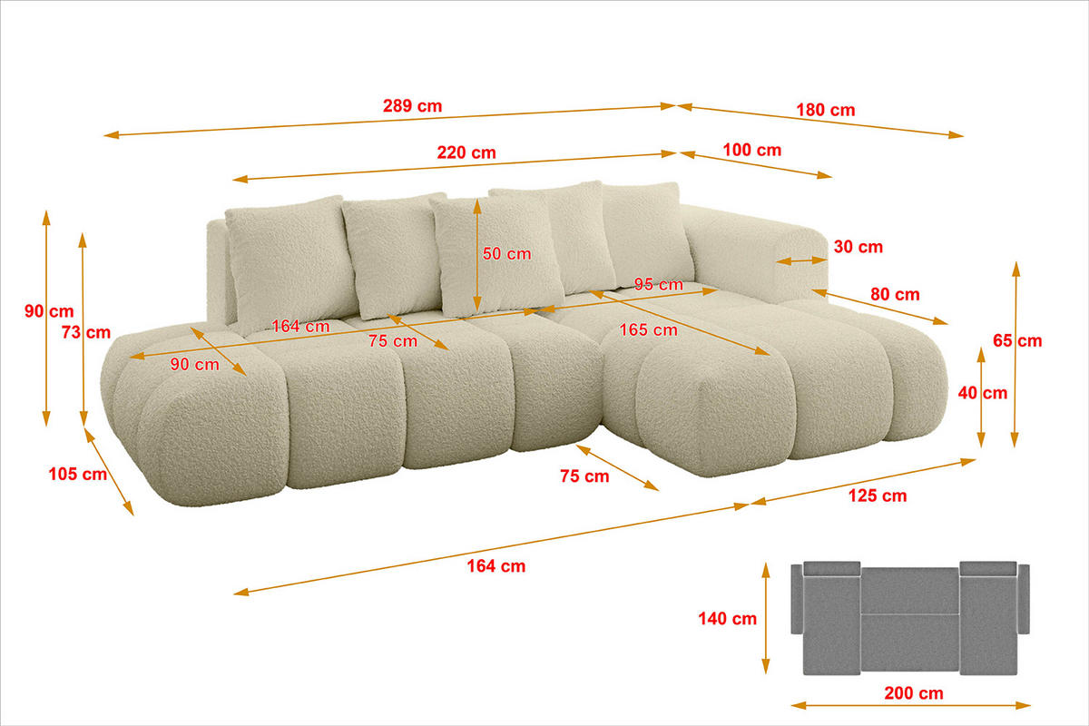 ECKSOFA Ottomane Rechts CLOUD-L-v1 289x180x40 Beige Bouclé - Beige, Holzwerkstoff/Kunststoff (289/180cm) - ALTDECOR