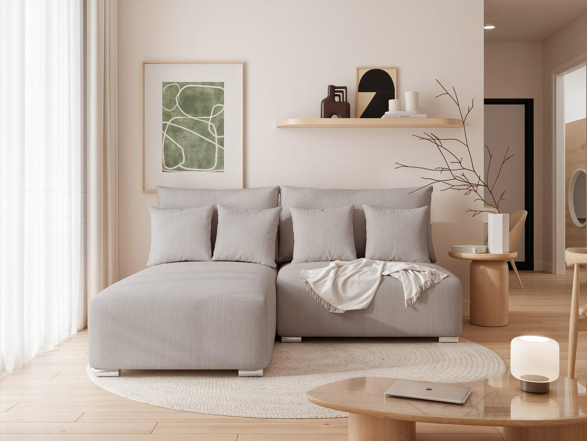 ECKSOFA ELVO mit Schlaffunktion und Bettkasten Hellgrau - Hellgrau, Holzwerkstoff/Kunststoff (208/190cm) - Idohome
