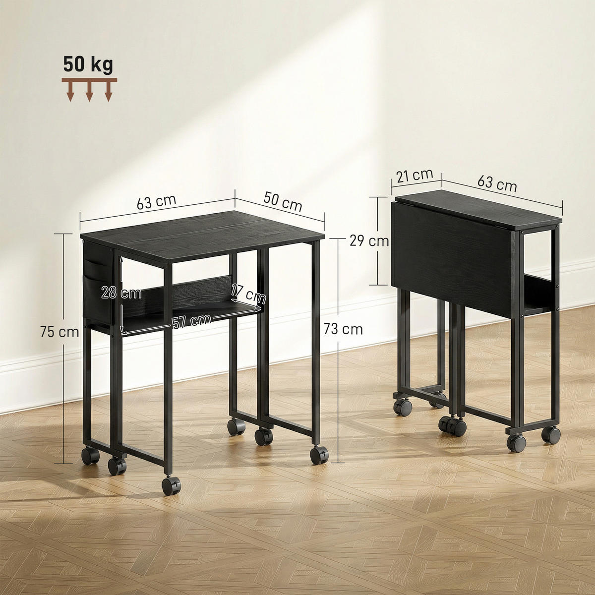 KLAPPBARER-SCHREIBTISCH MDF Stahl Schwarz - Schwarz, Metall (63/50/75cm) - HOMCOM