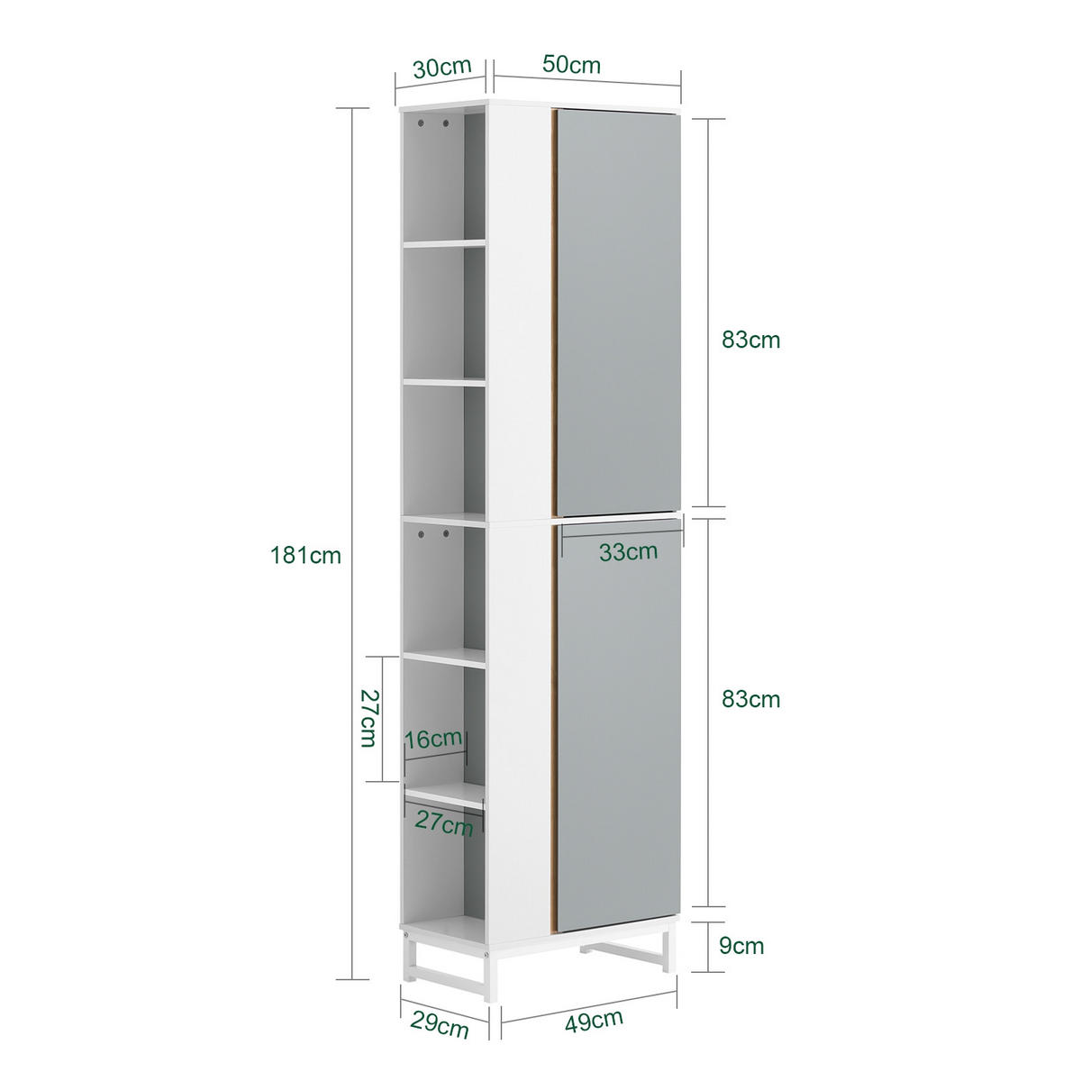 HOCHSCHRANK Hellgrau - Hellgrau/Weiß, Holzwerkstoff/Metall (50/181/30cm) - SoBuy