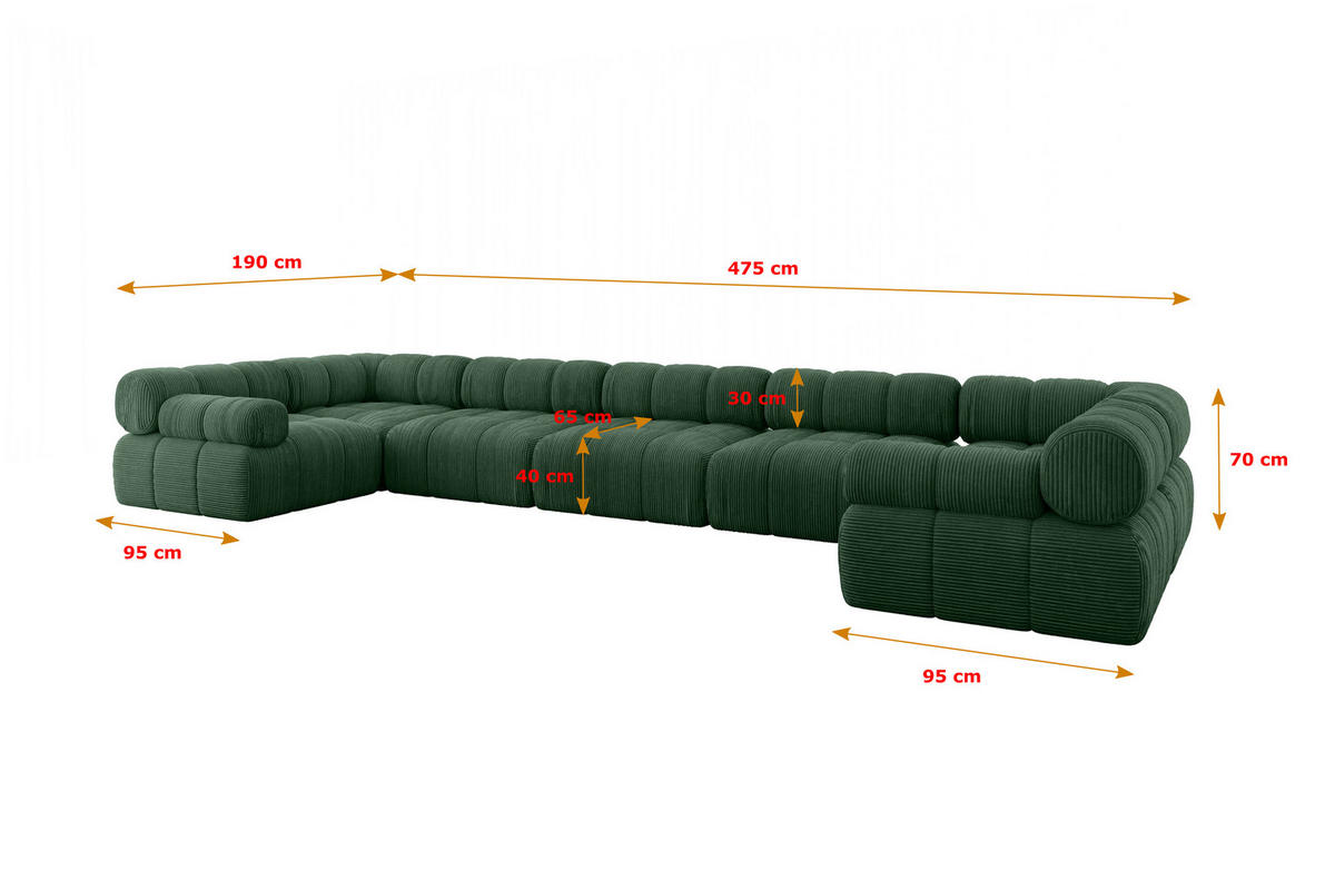 WOHNLANDSCHAFT modulares Sofa Birno-U3 - 475x190x70 cm Grün Cord - Grün, Holzwerkstoff/Textil (475/70/190cm) - ALTDECOR
