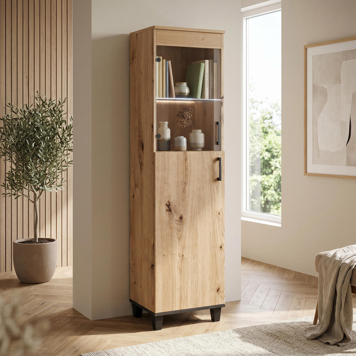 VITRINENSCHRANK CORTEZA 193 x 50 cm Eiche Artisan - Eiche Artisan, Holzwerkstoff (50/193/40cm) - MASSENO