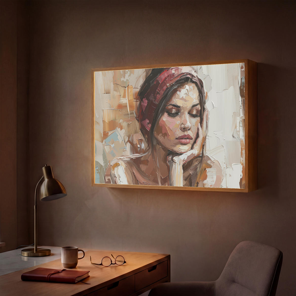 NÁSTĚNNÁ LAMPA S AKUMULÁTOREM Žena - vzhled malby - portrét - moderní 100x70 cm - hnědá, kompozitní dřevo (100/70/8cm) - OnlyWow