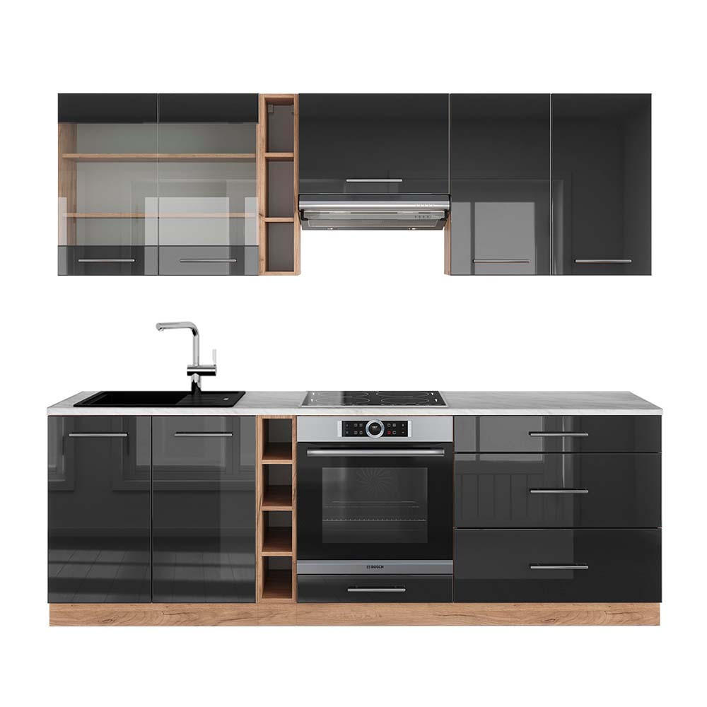 KÜCHENZEILE Fame-Line Anthrazit Hochglanz/Goldkraft Eiche 235 cm AP Marmor - Honigeiche/Anthrazit, Holzwerkstoff (235/81.6/60cm) - Vicco