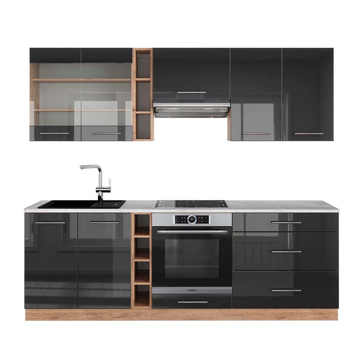 KÜCHENZEILE Fame-Line Anthrazit Hochglanz/Goldkraft Eiche 235 cm AP Marmor - Honigeiche/Anthrazit, Holzwerkstoff (235/81.6/60cm) - Vicco