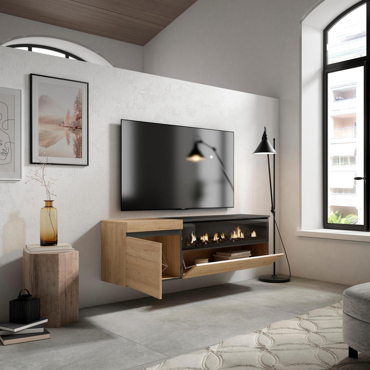 LOWBOARD Elektrokamin, Hängend, eiche, schwarz, 150/35/45cm - Naturfarben, Holzwerkstoff (150/45/35cm) - Skraut Home