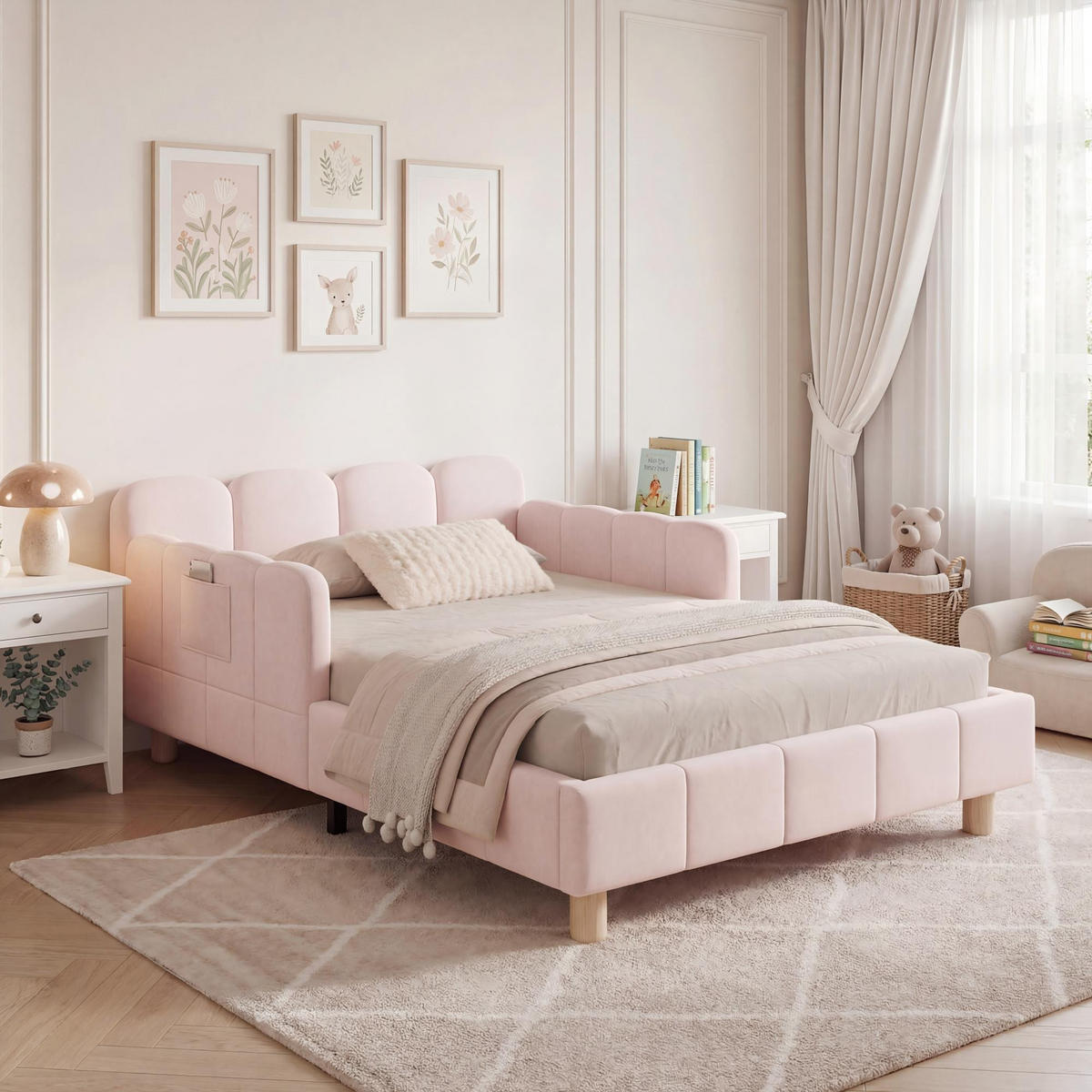 KINDERBETT 90/200 mit Rausfallschutz und gepolstertem Kopfteil in Rosa - Rosa, Holzwerkstoff/Textil (90/200cm) - EVRYAE