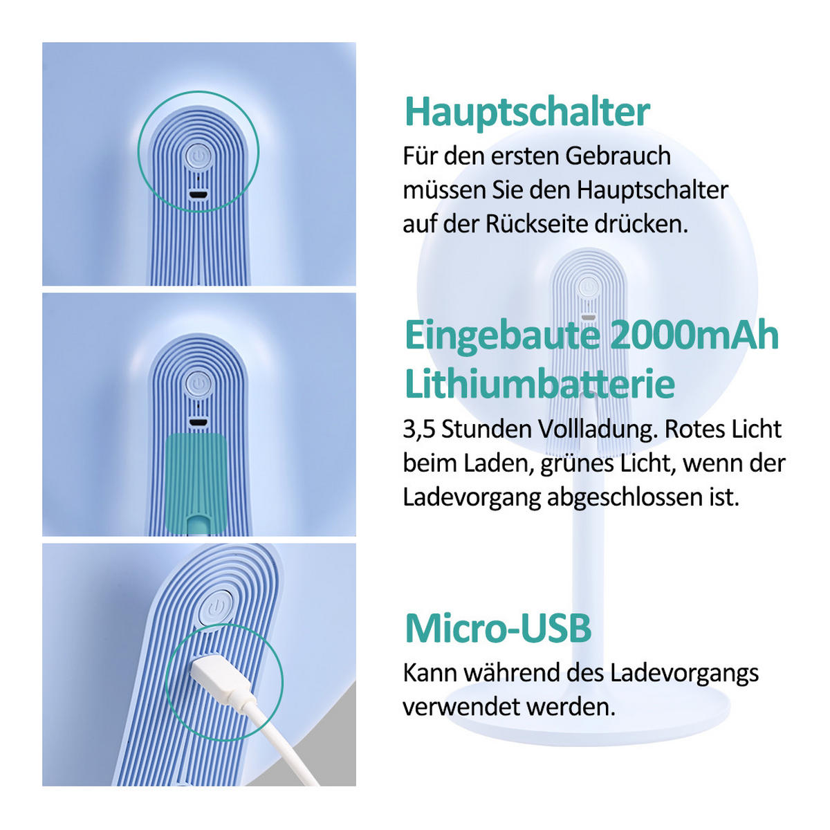 KOSMETIKSPIEGEL mit Licht mit Abnehmbare Saugnapfes, Hellblau, φ20 cm - Blau, Glas (20/35/20cm) - EMKE
