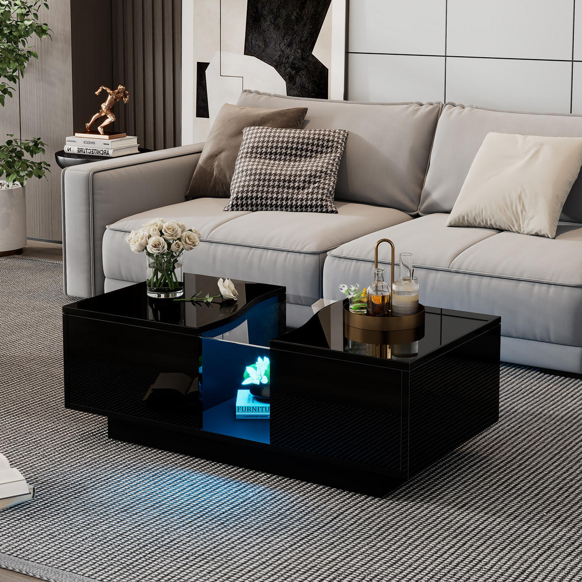 COUCHTISCH mit 2 Schubladen und LED Schwarz - Schwarz, Holzwerkstoff (100/50/35cm) - Urban Meuble