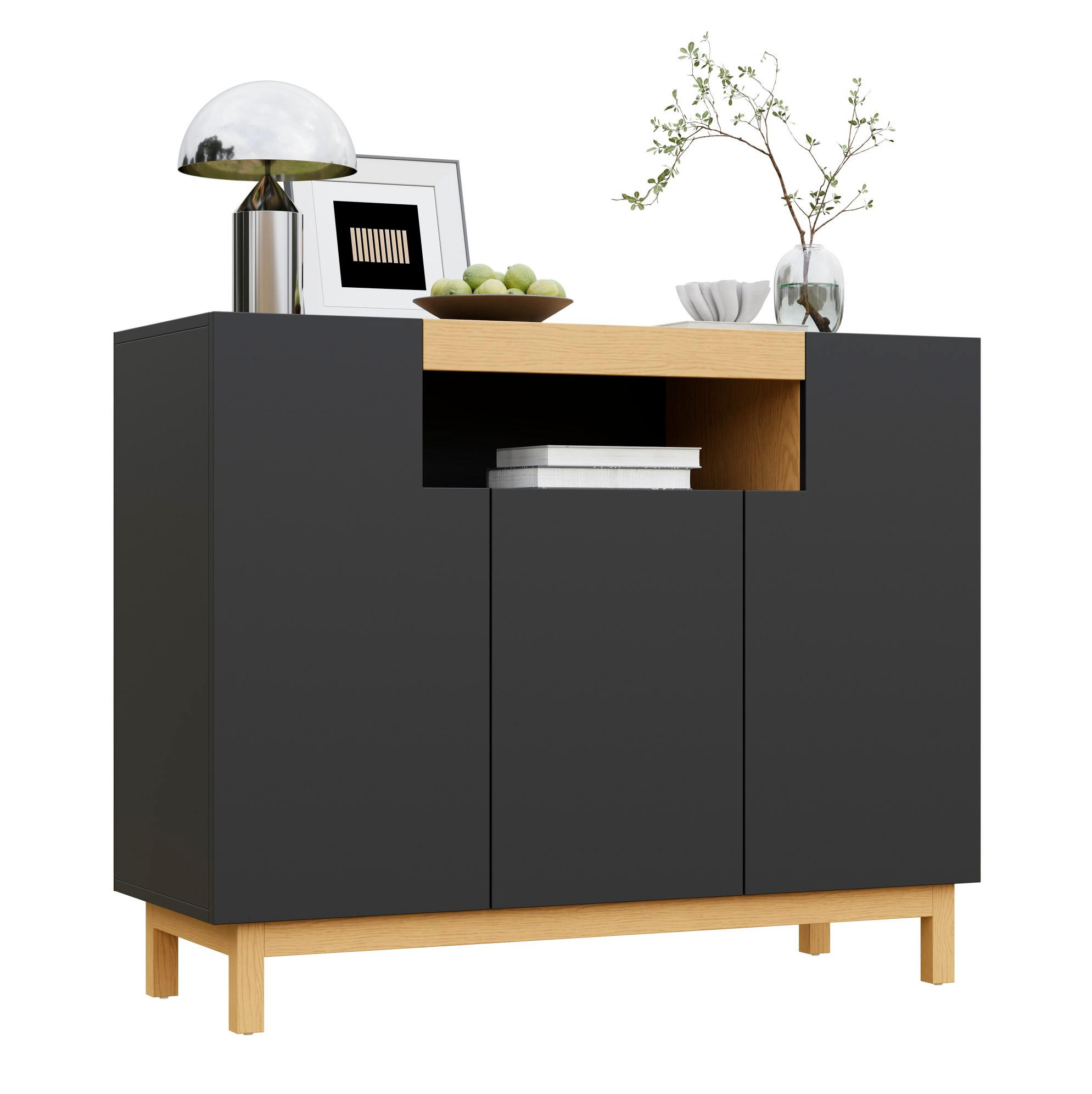 SIDEBOARD 120,5/42/96 cm in Schwarz mit 3 Türen und offenem Fach - Schwarz, Holzwerkstoff (120.5/96/42cm) - Flora Grace