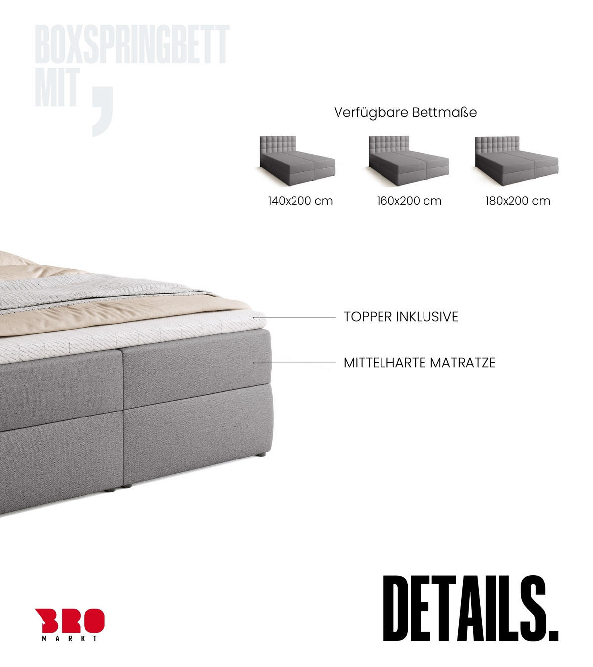BOXBETT Detroit mit Topper 140/200 Grau - Grau, Textil (140/200cm) - Bromarkt