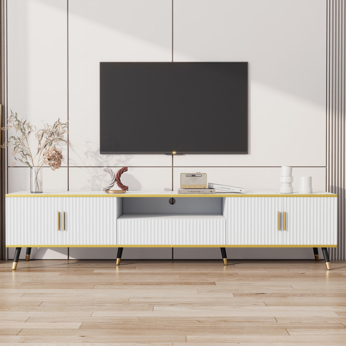 TV-SCHRANK in Weiß mit Marmoroptik, 2 Türen und Schublade 200/40/46 cm - Weiß, Holzwerkstoff (200/46/40cm) - Redom