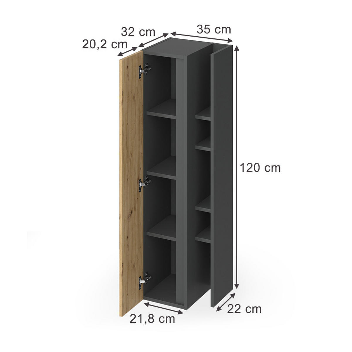 BADSCHRANK Edelin Anthrazit/Artisan 35 x 120 cm mit 4 Ablagefächern - Anthrazit/Eiche Artisan, Holzwerkstoff (35/120/32cm) - Vicco