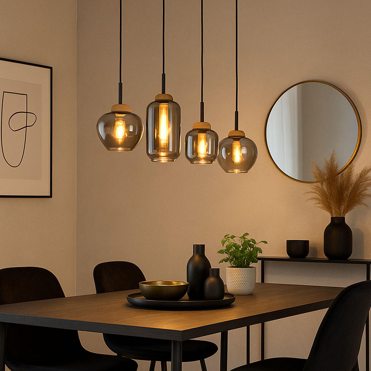 PENDELLEUCHTE Metall Schwarz-matt Rauchglas 4-Flammig - Schwarz, Glas (96/23/120cm) - Globo Lighting