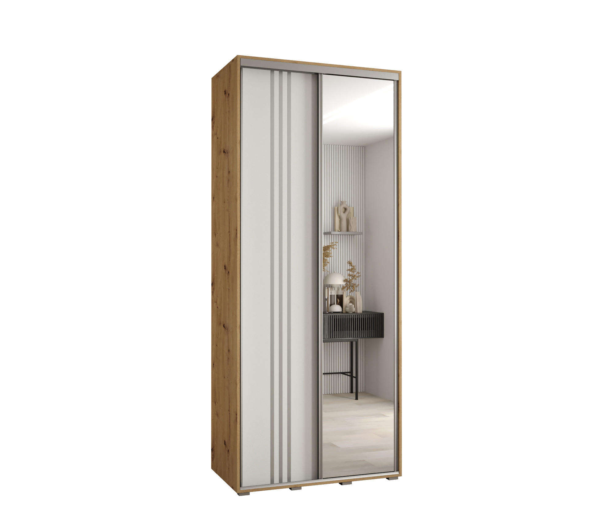 Abiks Möbel Schwebetürenschrank Eiche Artisan, Weiß, Silber 120x235x60 cm