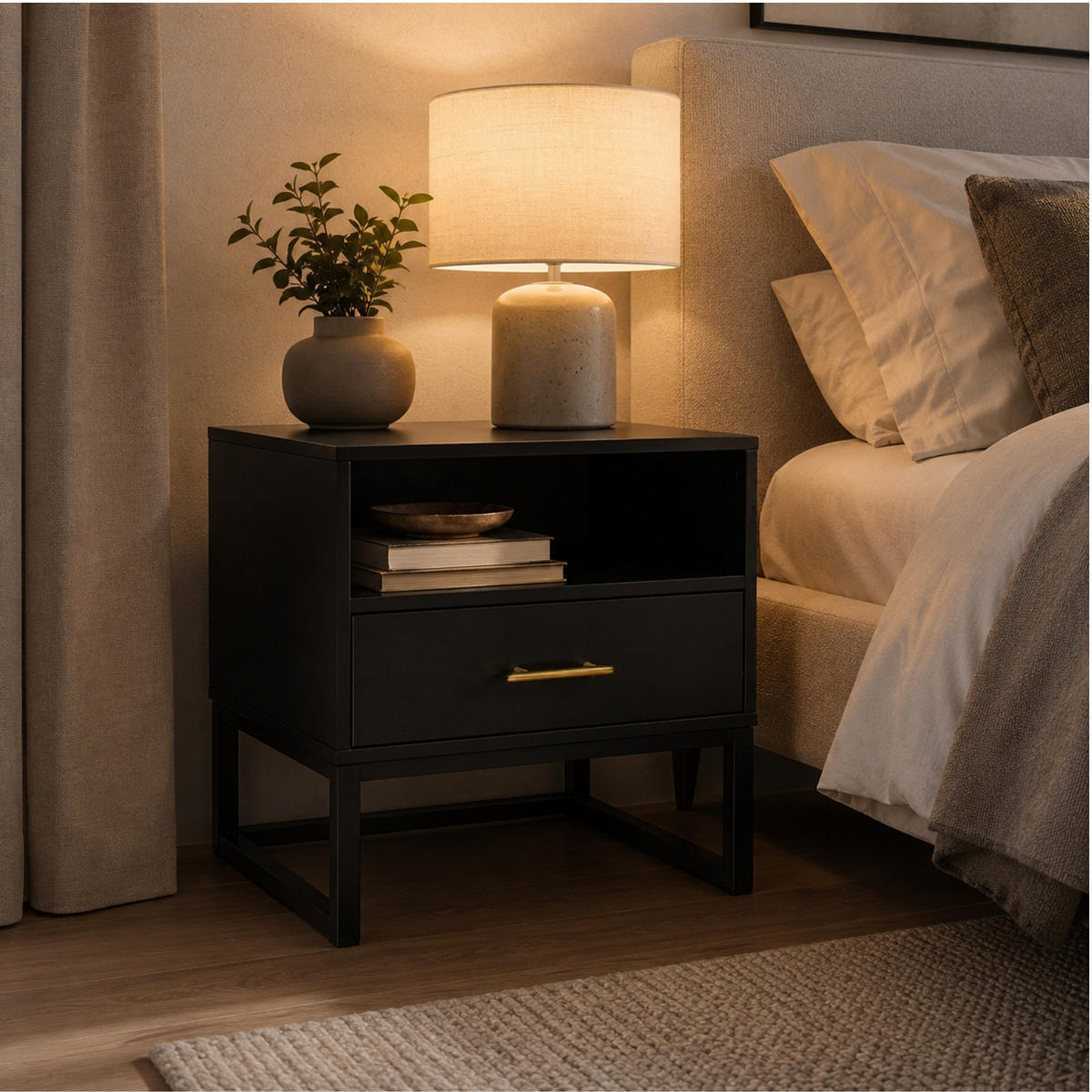 NACHTTISCH auf Metallbeinen mit einer Schublade 45/40/44 cm - Schwarz, Holzwerkstoff (40/44/45cm) - SCENA LIVING