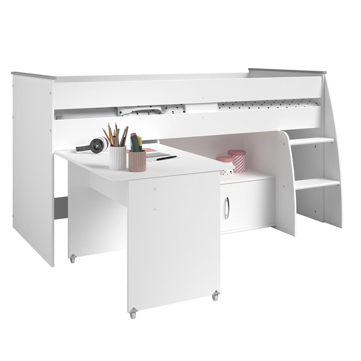 KOMBIBETT mit Schreibtisch und Stauraum - 90x200 cm - Reverse - Weiß, Holzwerkstoff (90/200cm) - Calicosy