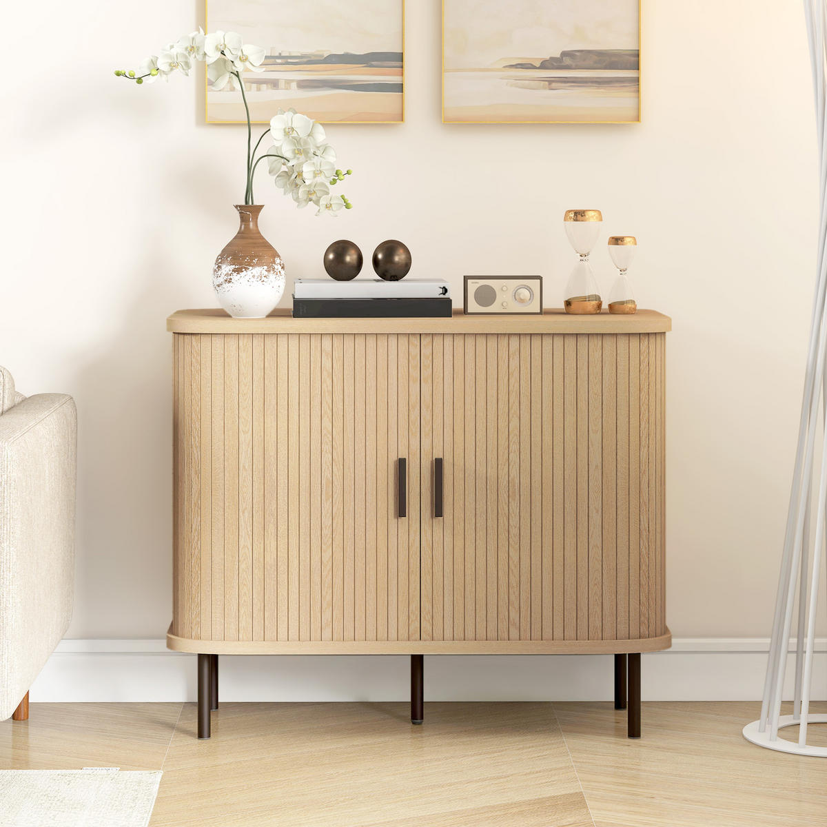 SIDEBOARD Eiche-Nachbildung und Schwarz, Schiebetüren, 90/40/75 cm - Eichefarben, Holz (90/75/40cm) - PANGIVO