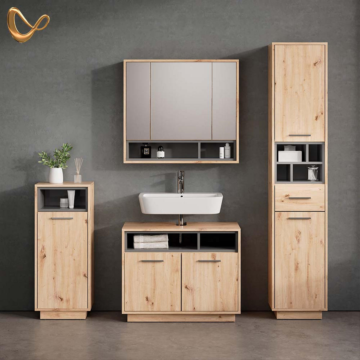 BADMÖBEL-SET Temo Artisan-Eiche 4 Teile - Anthrazit/Eiche Artisan, Holzwerkstoff (80/64/40cm) - Livinity®