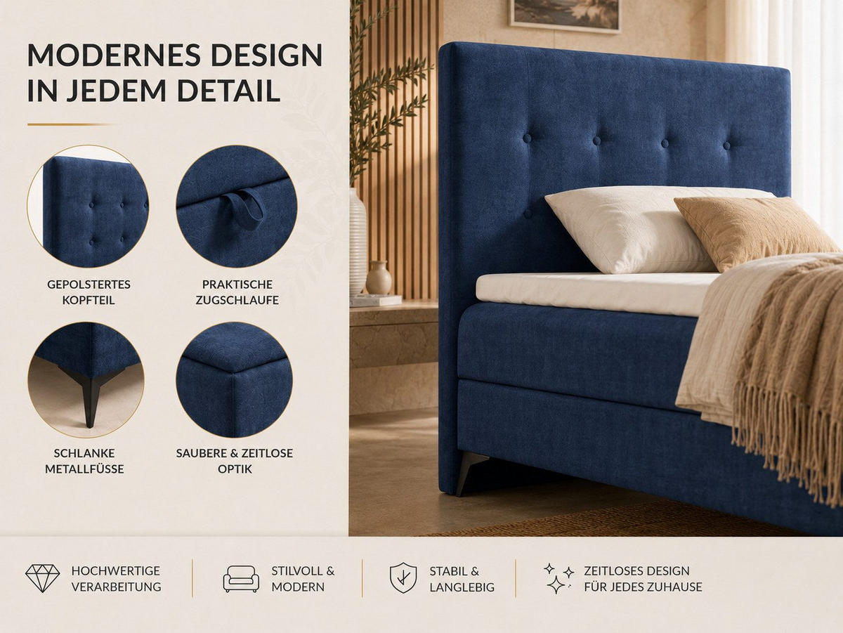 BOXBETT K15 Single SLIM mit Bettkasten & Bonell-Federkern ohne Topper - Dunkelblau, Holz/Textil (200/70cm) - Best For Home