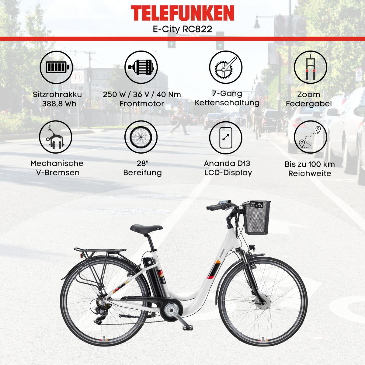 E-BIKE Cityrad Multitalent RC822 Für Damen u. Herren 374,4 Wh Frontmotor 7-Gang-Kettenschaltung 28 Zoll - Weiß, Metall (114.5cm) - Telefunken