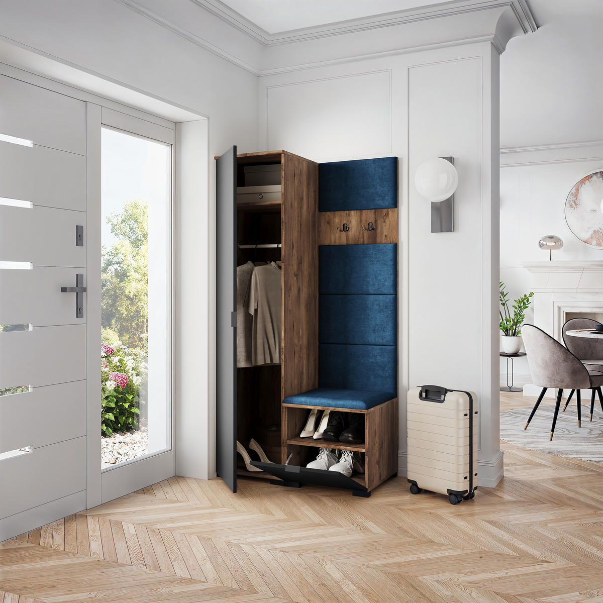 GARDEROBENSCHRANK LORI 95/181/51 cm Modern Garderobe-Set Eiche Lefkas - Blau/Eichefarben, Holzwerkstoff (95/181/51cm) - MASSENO