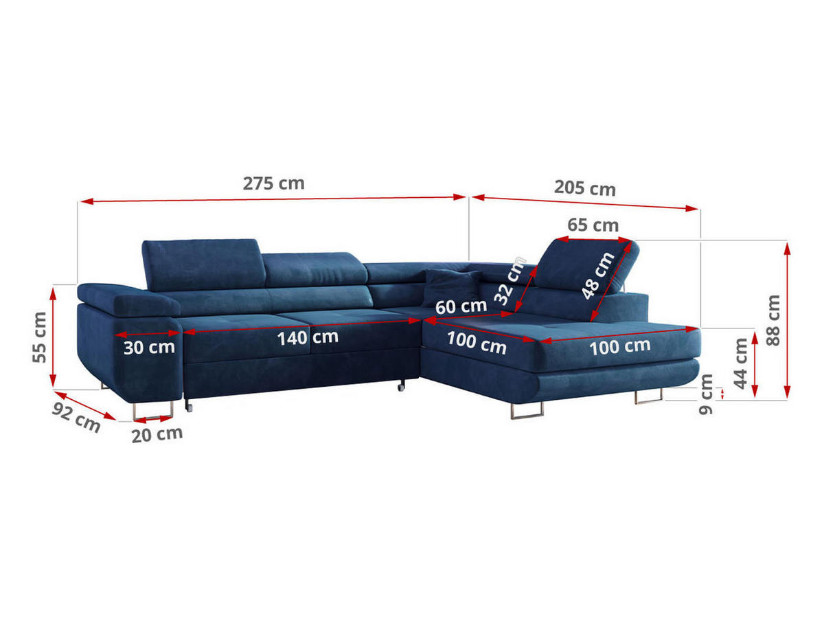ECKSOFA GUSTAW L Dunkelblau Velvet Links Seite - Silberfarben/Dunkelblau, Textil/Metall (205/275cm) - MKS
