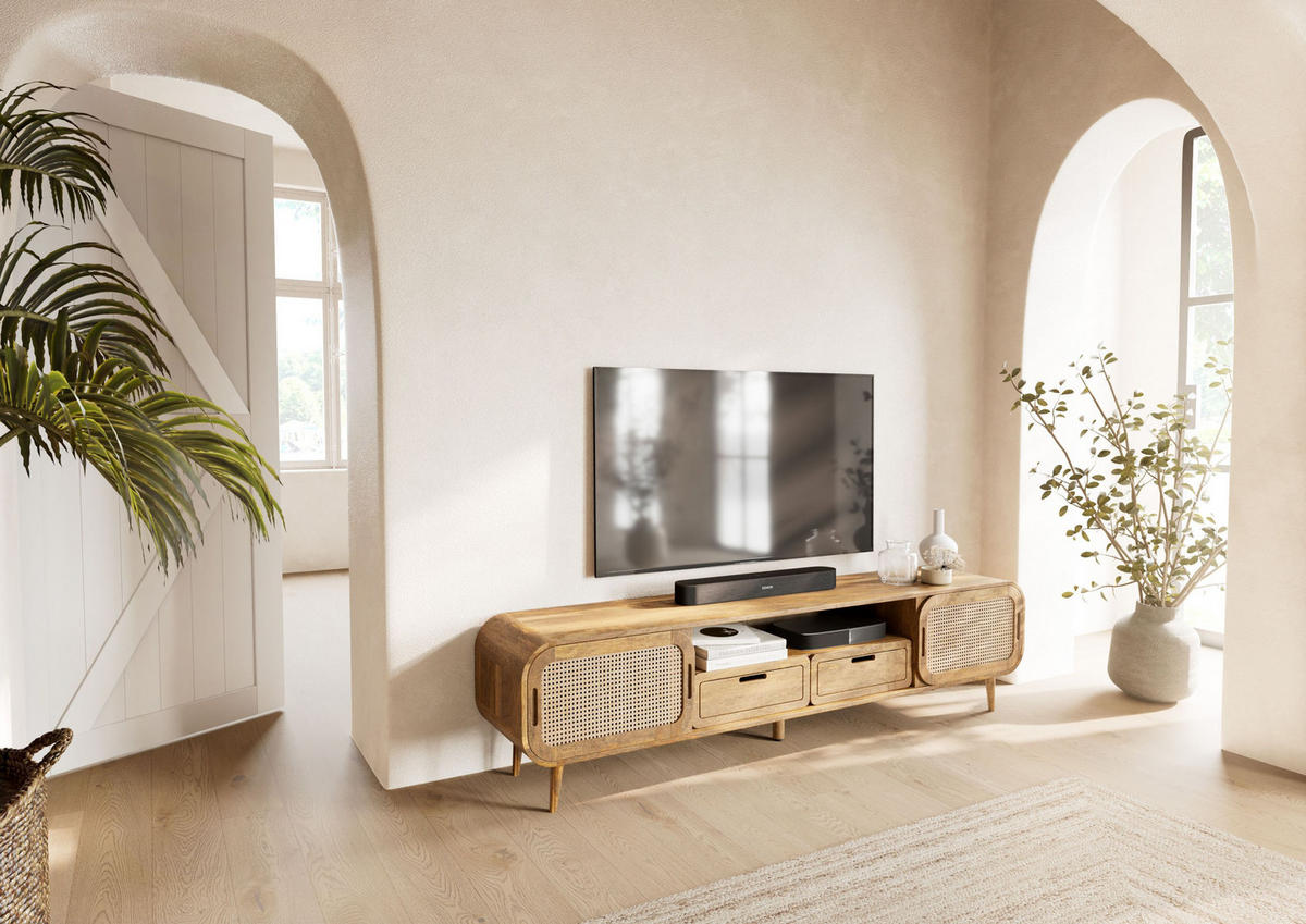 TV-BOARD Mango 200x40x50 natur lackiert VALENCIA #123 - Naturfarben, Holz (200/50/40cm) - Massivmoebel24