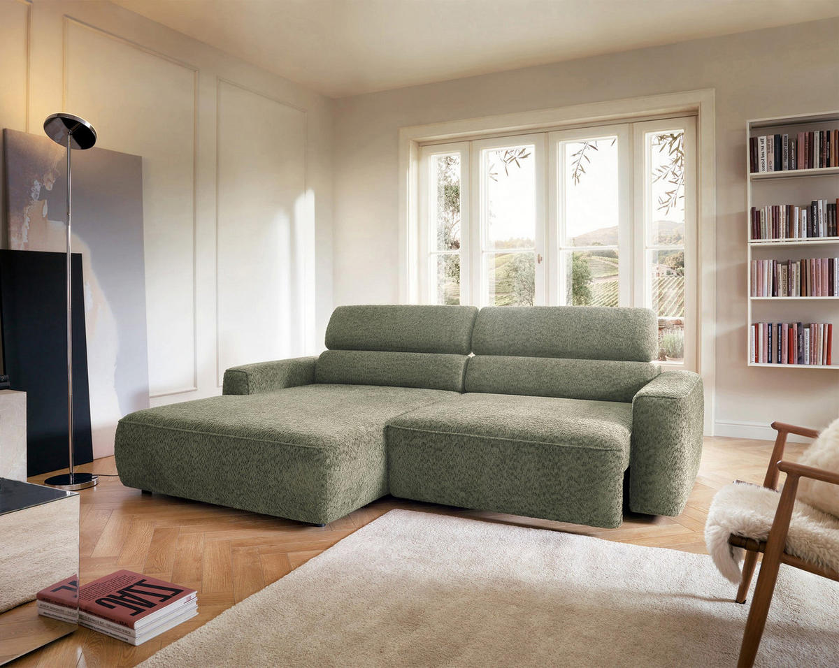 ROHOVÁ pohovka Fando s elektricky výsuvným sedákem, šalvějový ženil, levá - černá/světle zelená, textil/plast (252/182cm) - Selsey