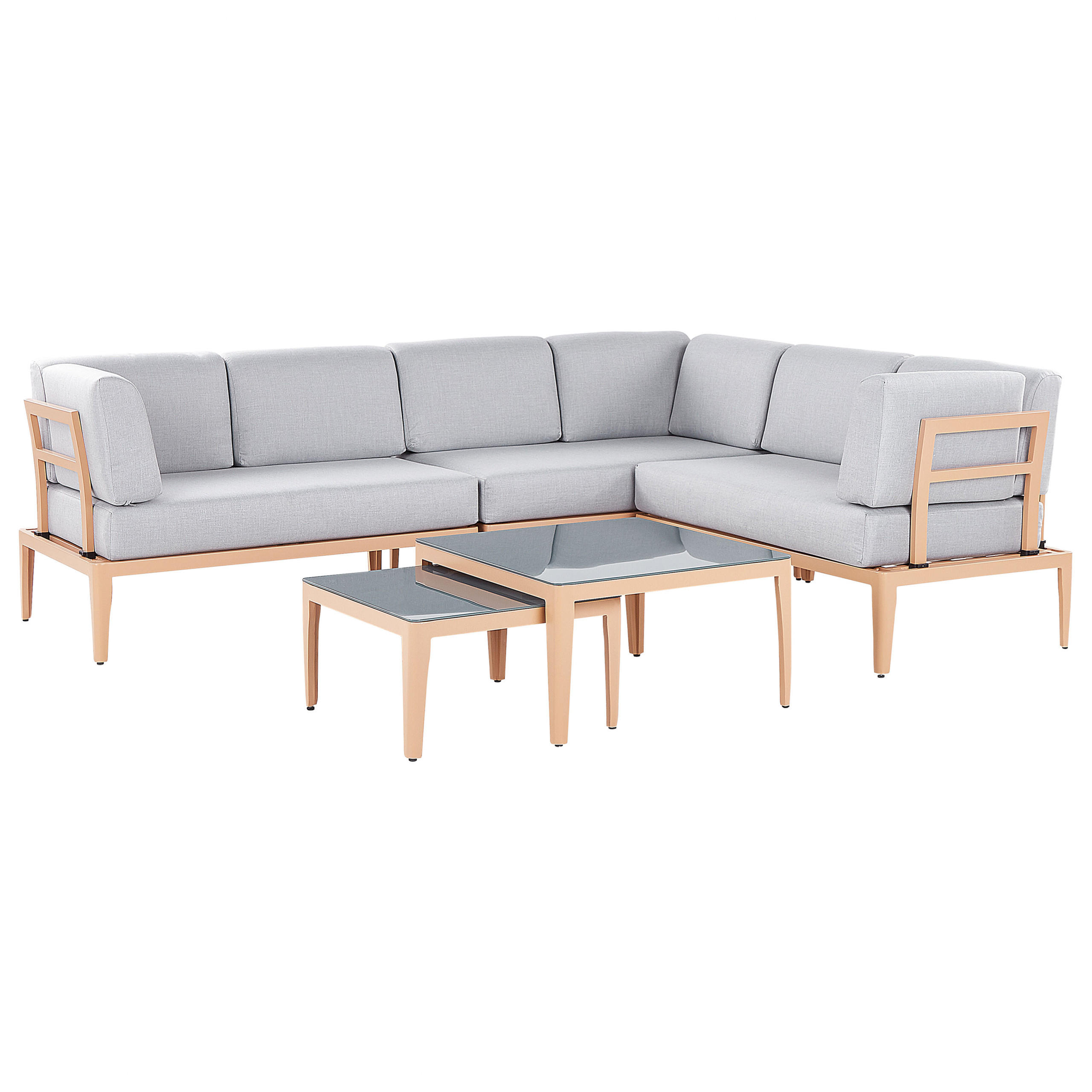 LOUNGE SET 6-Sitzer hellbraun rechtsseitig modular Auflagen hellgrau Rima III - Hellbraun, Metall - Beliani
