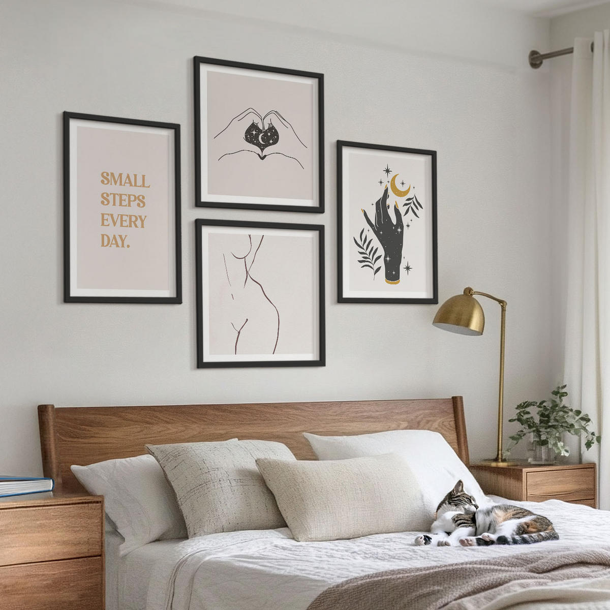 WANDBILDER 4er-Set - 50x50 cm & 40x60 cm Schwarzer Rahmen - Minimalistische Boho-Illustrationen - Schwarz, Kunststoff (50/50cm) - ArtPrintCave
