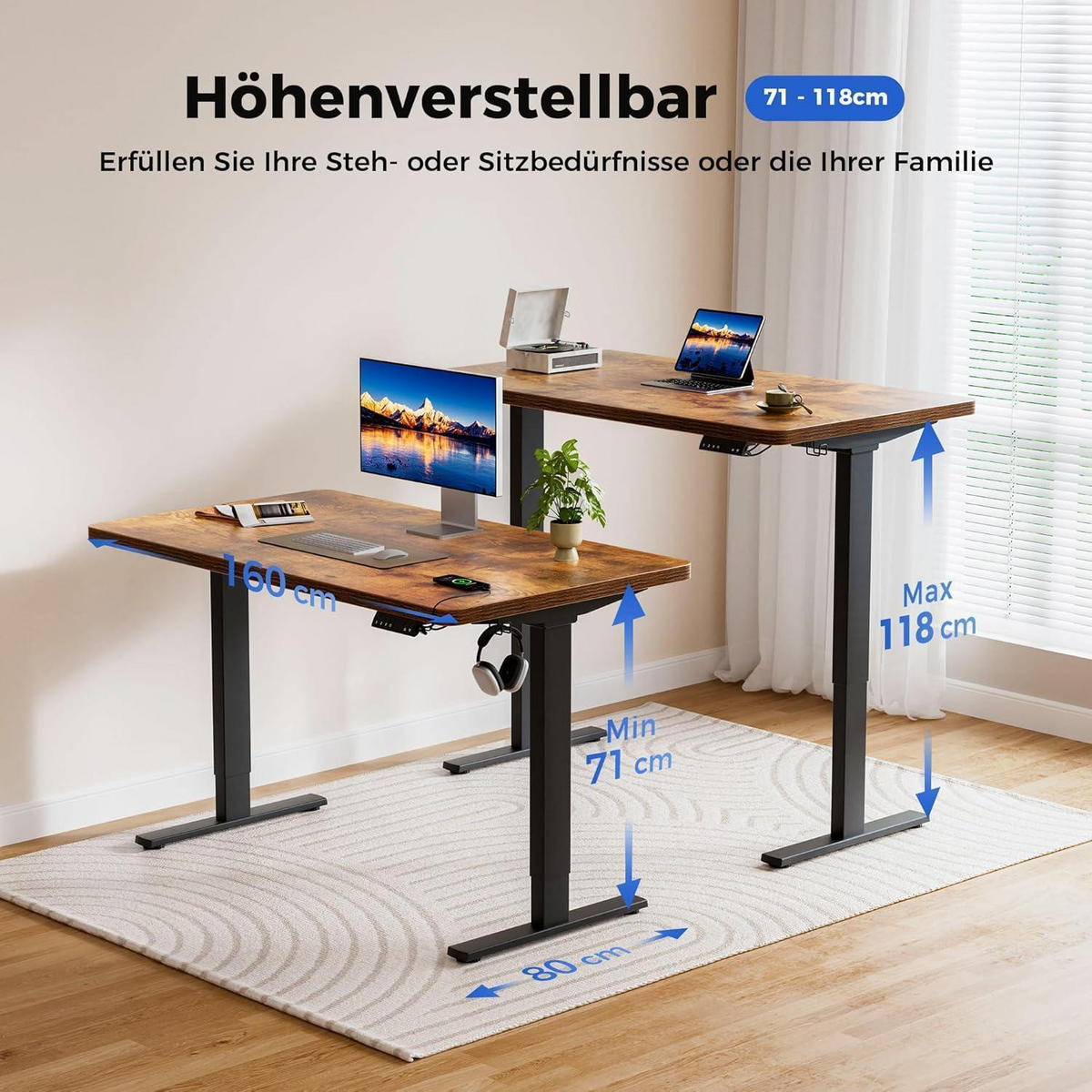 SCHREIBTISCH höhenverstellbar 160 x 80 cm Braun - Braun, Holz (160/80/75cm)