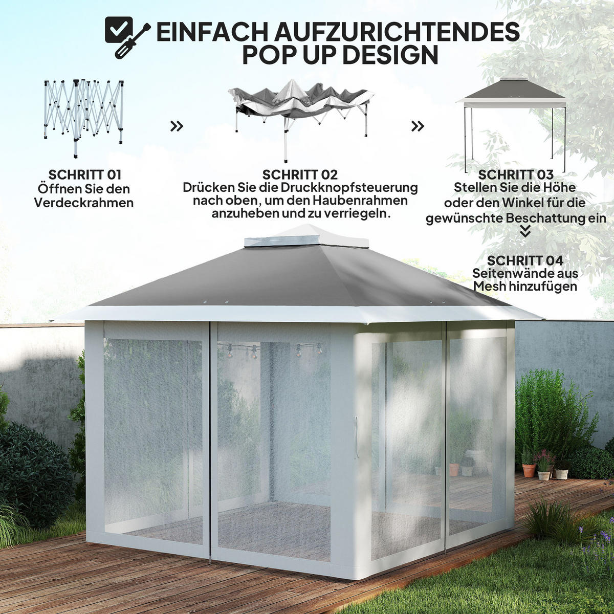 PAVILLON 3,3x3,3m, wasserabweisend Stabil Winterfest Pop-up Faltpavillon Grau - Dunkelgrau, Metall (330/288/330cm) - Outsunny