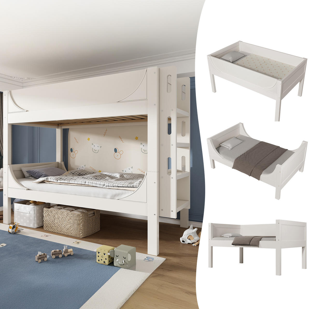 ETAGENBETT 90/200 cm Weiß, trennbar mit flexibel montierbarer Leiter - Weiß, Holzwerkstoff (90/200cm) - Flora Grace