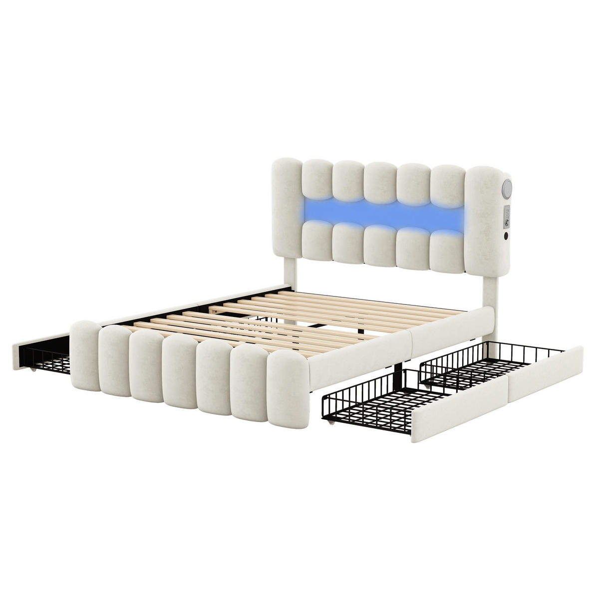 SAMT-POLSTERBETT 140/200 cm mit LED-Beleuchtung, USB und 4 Schubladen - Beige, Textil (140/200cm) - BEAOK