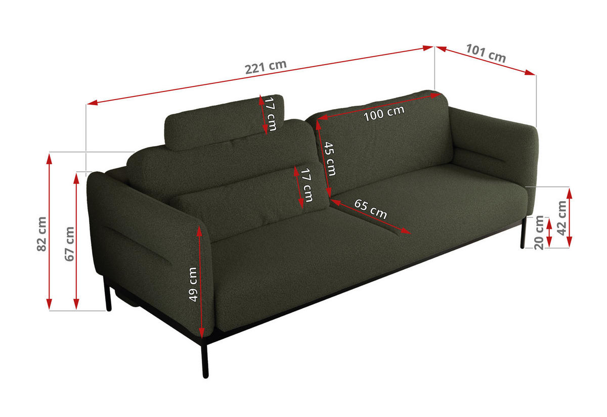 SOFA SALENTO Grün Boucle - Schwarz/Grün, Textil/Metall (221/82/101cm) - MKS