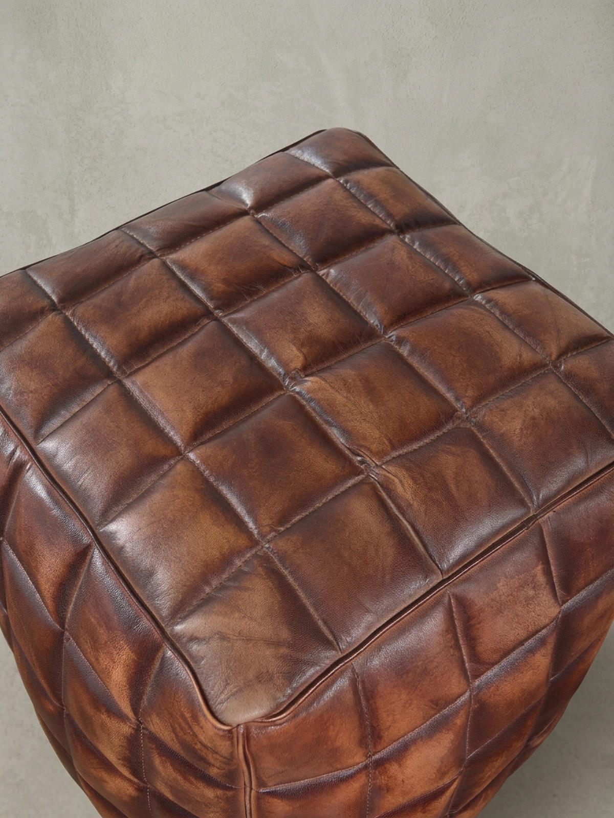 SITZHOCKER – Echtleder, 41x39x39 cm, abgesteppte Quadrate, Used-Look - Braun, Leder (39/41/39cm) - KADIMA DESIGN